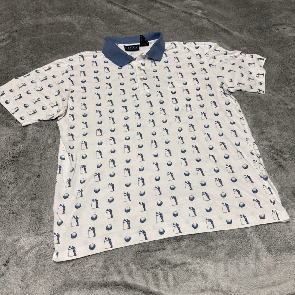 Vintage Jantzen Sport Polo Shirt Mens Large White Blue Allover Print Golf 90s